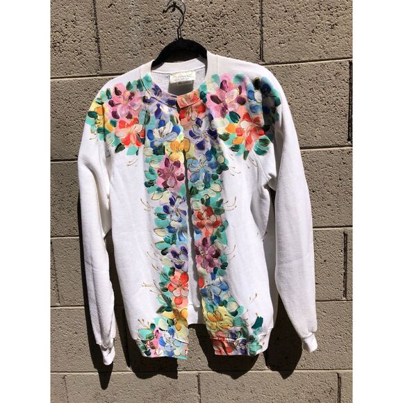 Horito/Fulgenzi Designs Sweaters - Vtg 80s Horito Fulgenzi Hand Paint Open Cardigan Jacket Art to Wear Retro Sz XL